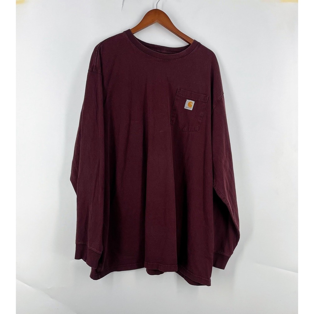 Carhartt Mens Long‎ Sleeve Pocket T-Shirt Burgundy Maroon Heavyweight Cotton 3XL